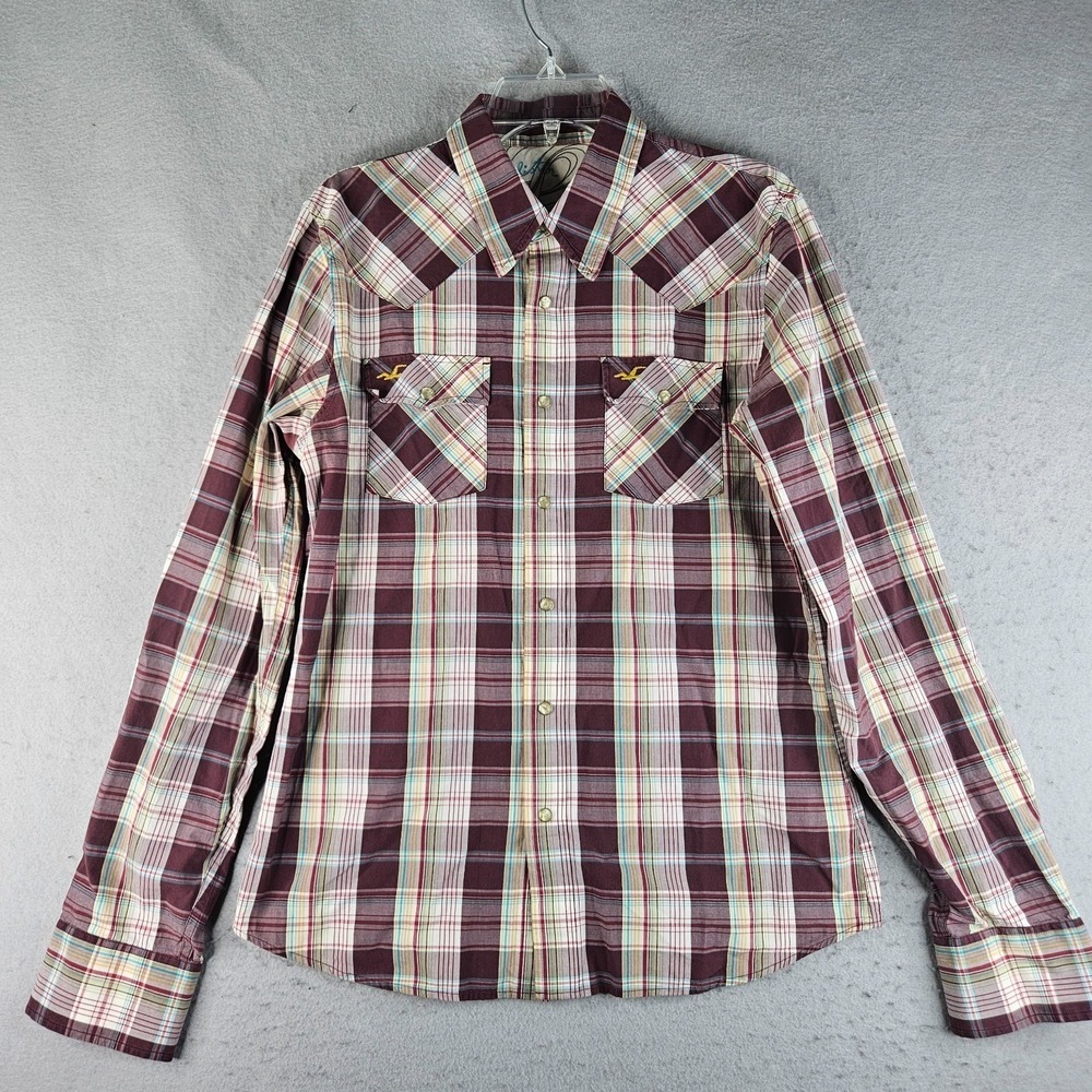 Hollister Mens Western Shirt Medium Plaid Pearl Snap Cowboy Y2K Retro Vintage